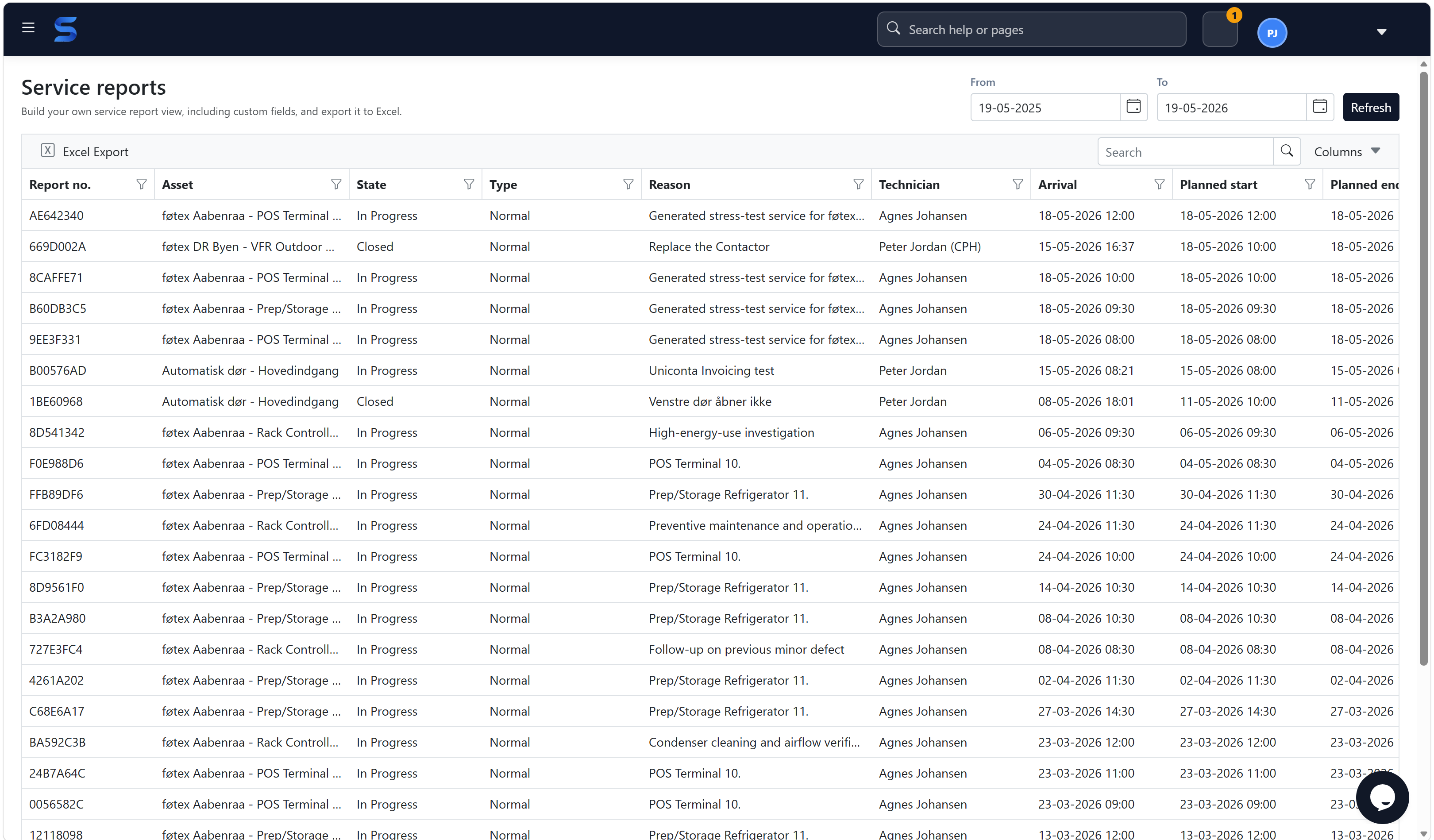 Sepolo service reports grid with filters and export